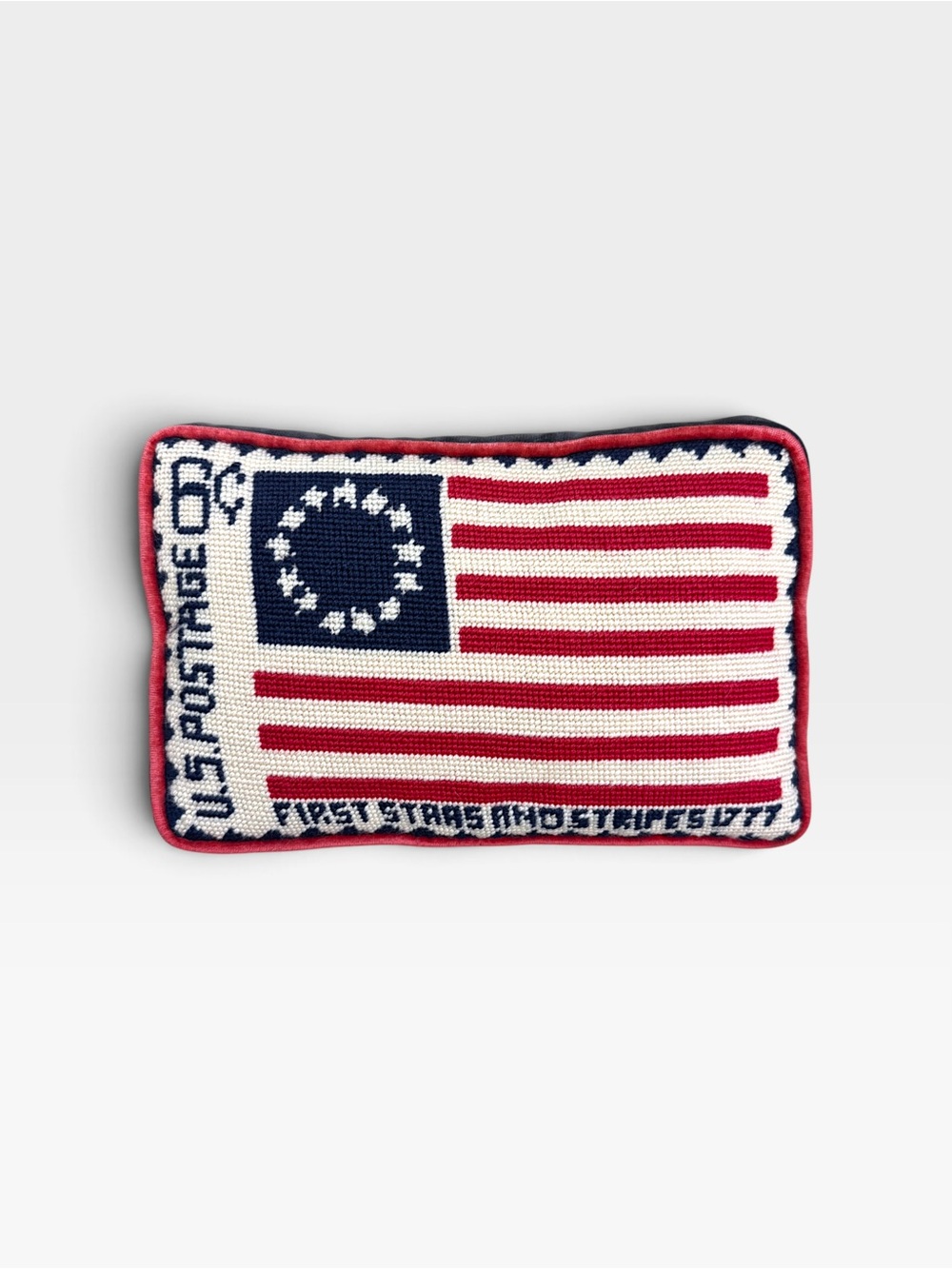 VTG Hand Stitched Needlepoint US Postage Stamp Flag Pillow 6c Stars & Stripes